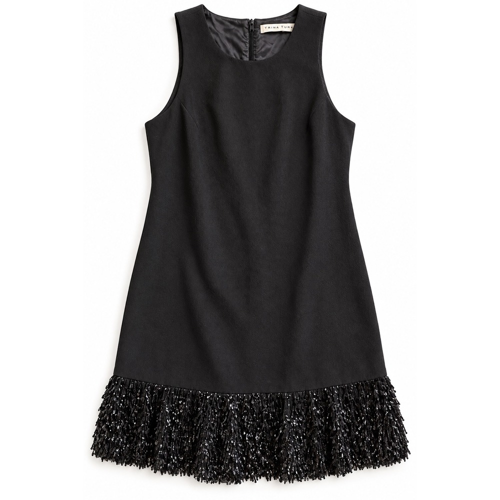 Trina Turk Black Sleeveless Shift Dress Sequin Fringe Hem Size Small 2-4